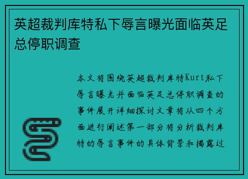 英超裁判库特私下辱言曝光面临英足总停职调查